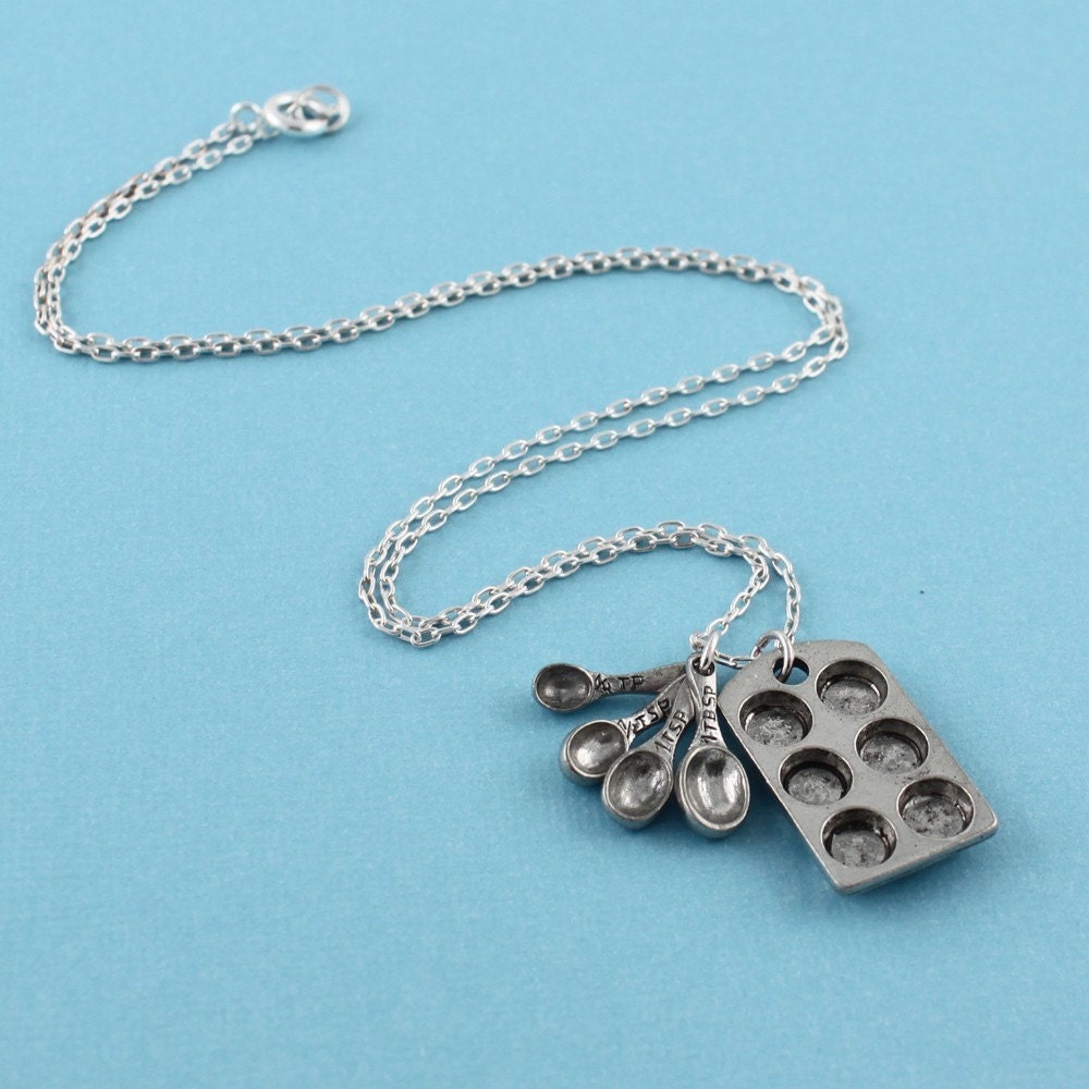 THE BAKERS NECKLACE Miniature Cupcake Muffin Pan and Tiny Measuring Spoons on Sterling Silver - Domestic Goddess, Birthday, Bridesmaid