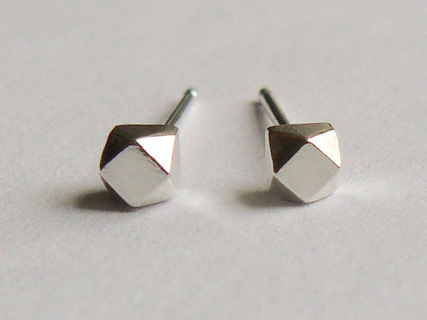 Geometric Sterling Silver Faceted Cube Stud Earrings