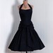 1950's Vintage Seductive Midnight-Black Satin Designer-Couture Sweetheart Low-Plunge Halter Nipped-Waist Rockabilly Ballerina-Cupcake Hourglass Sculpted-Sash Fishtail Circle-Skirt Mermaid Bombshell Formal Wedding Evening Cocktail Party Dress