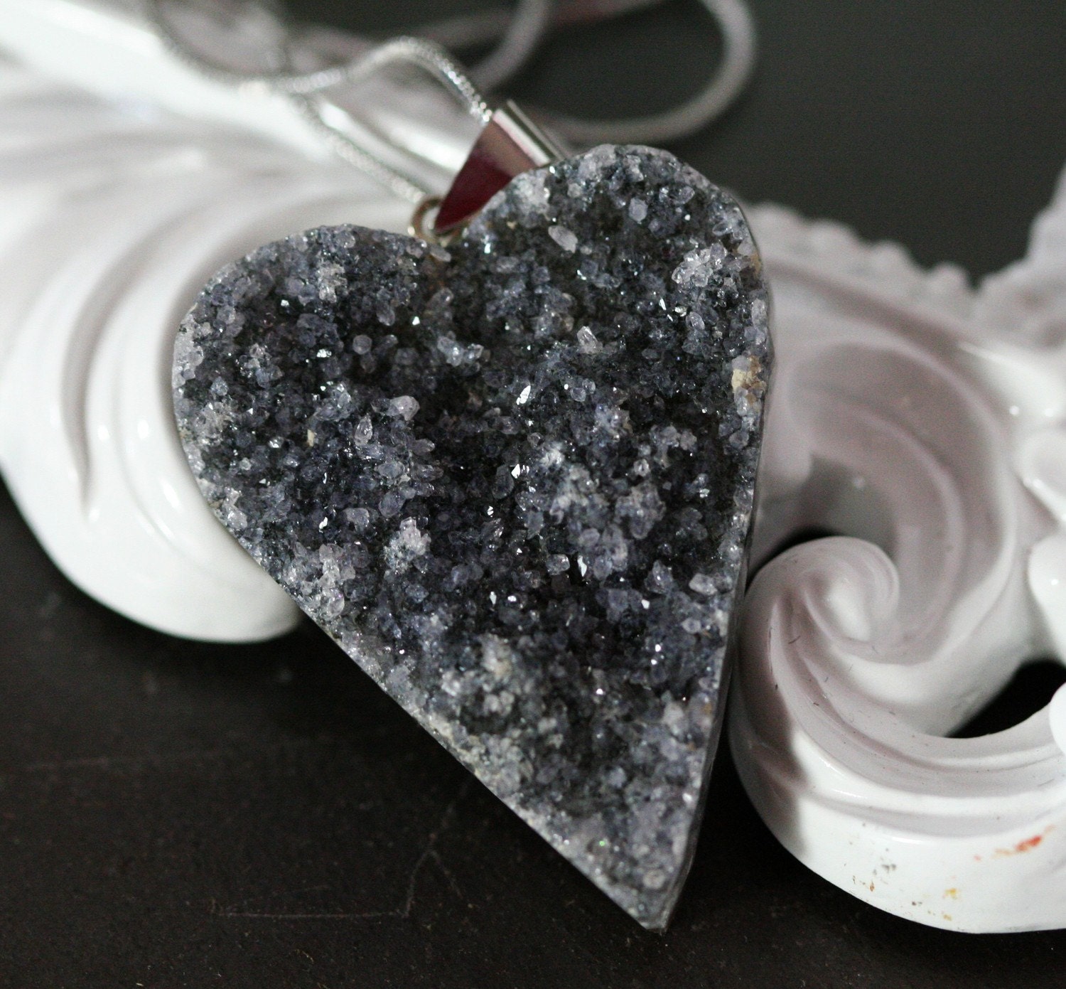Heart Pendant, Crystal Druzy, Black Silvery Gray Agate BrazilianGemstone Inv. 16