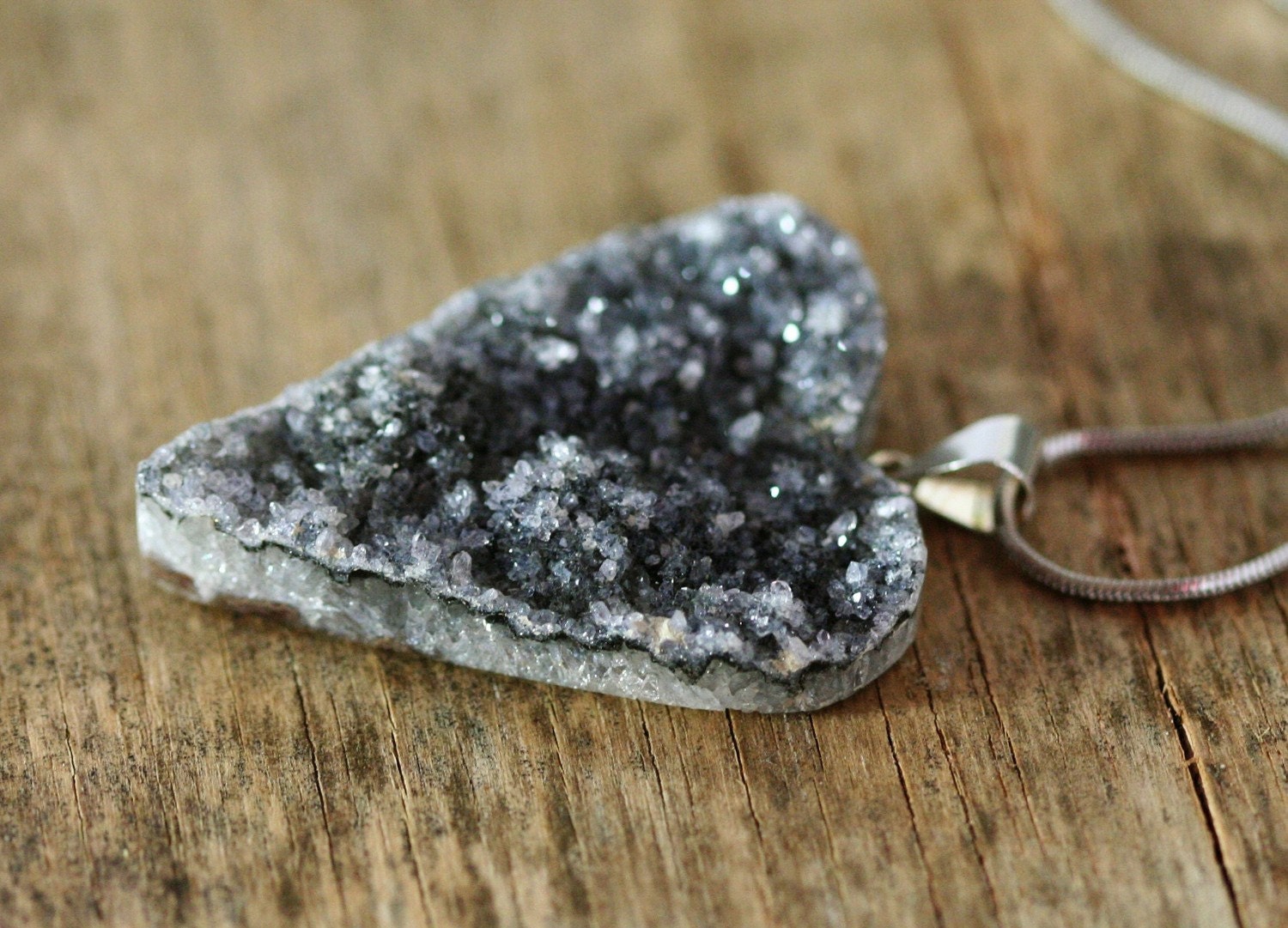 Heart Pendant, Crystal Druzy, Black Silvery Gray Agate BrazilianGemstone Inv. 16