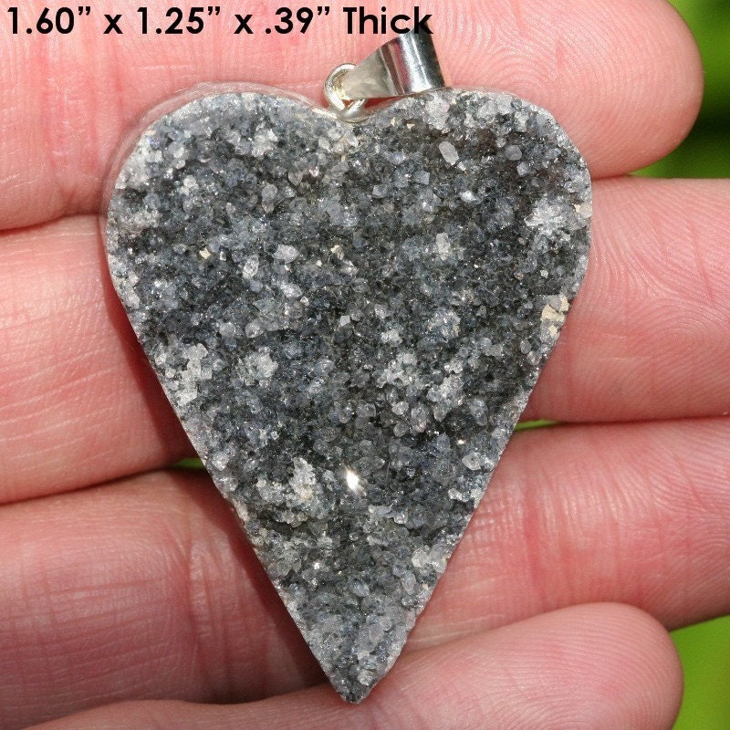 Heart Pendant, Crystal Druzy, Black Silvery Gray Agate BrazilianGemstone Inv. 16