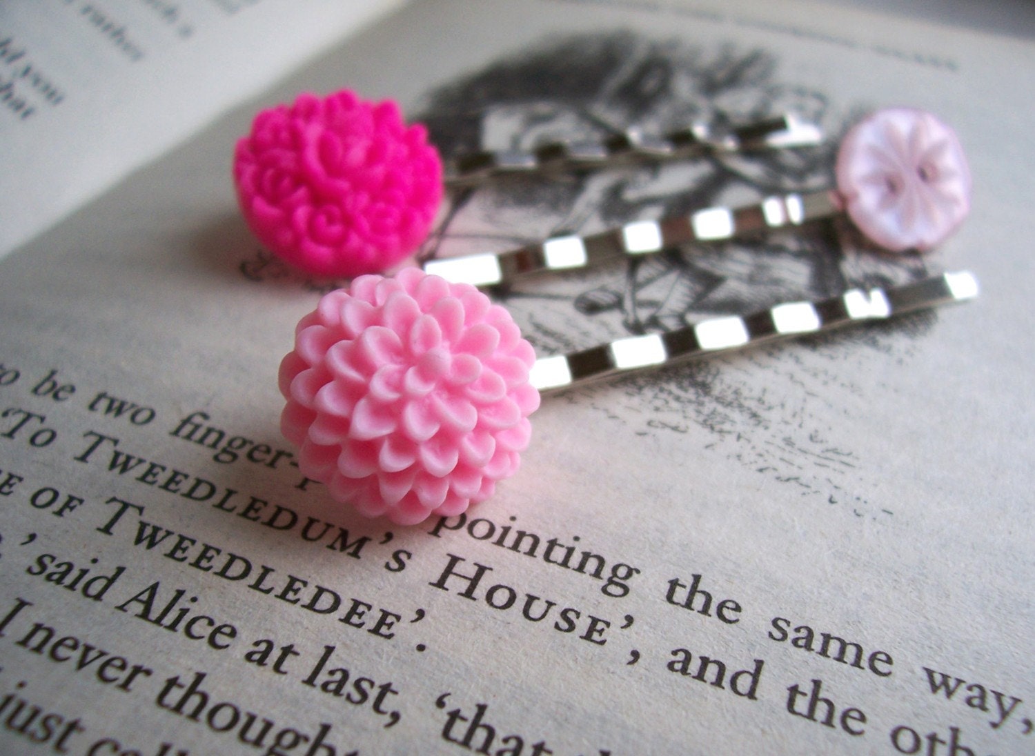 Pink Blossom bobby pins - pink flowers with a little button hair grips - handmade