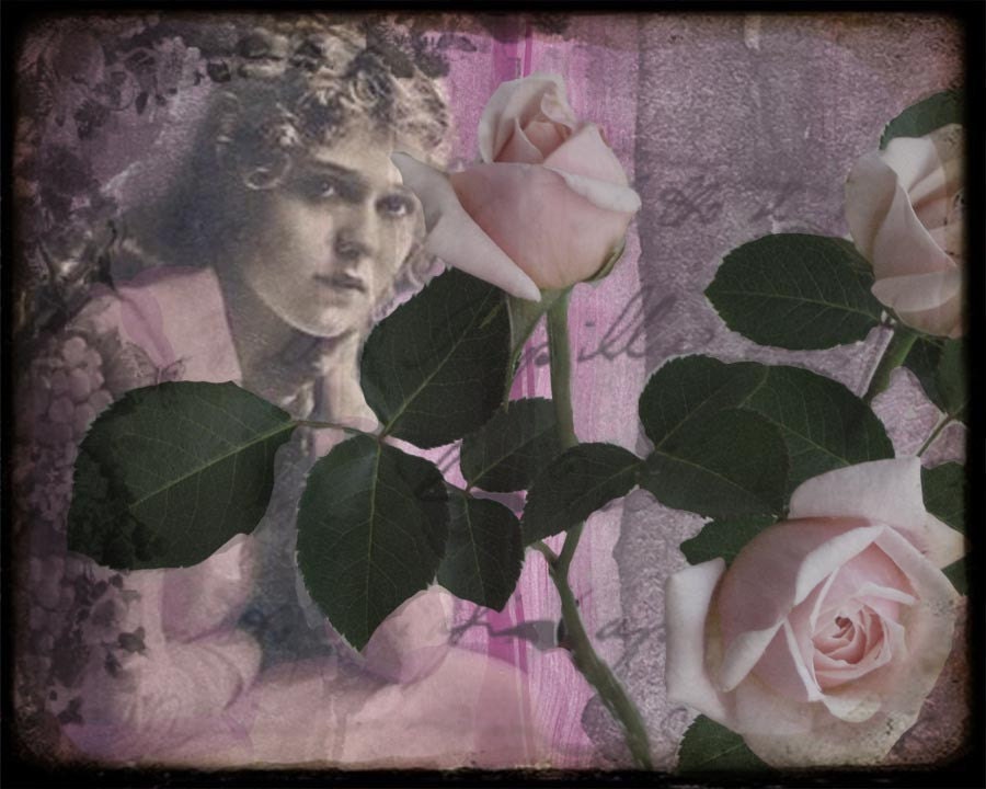 Collage Print and ACEO With Poem Pale Roses