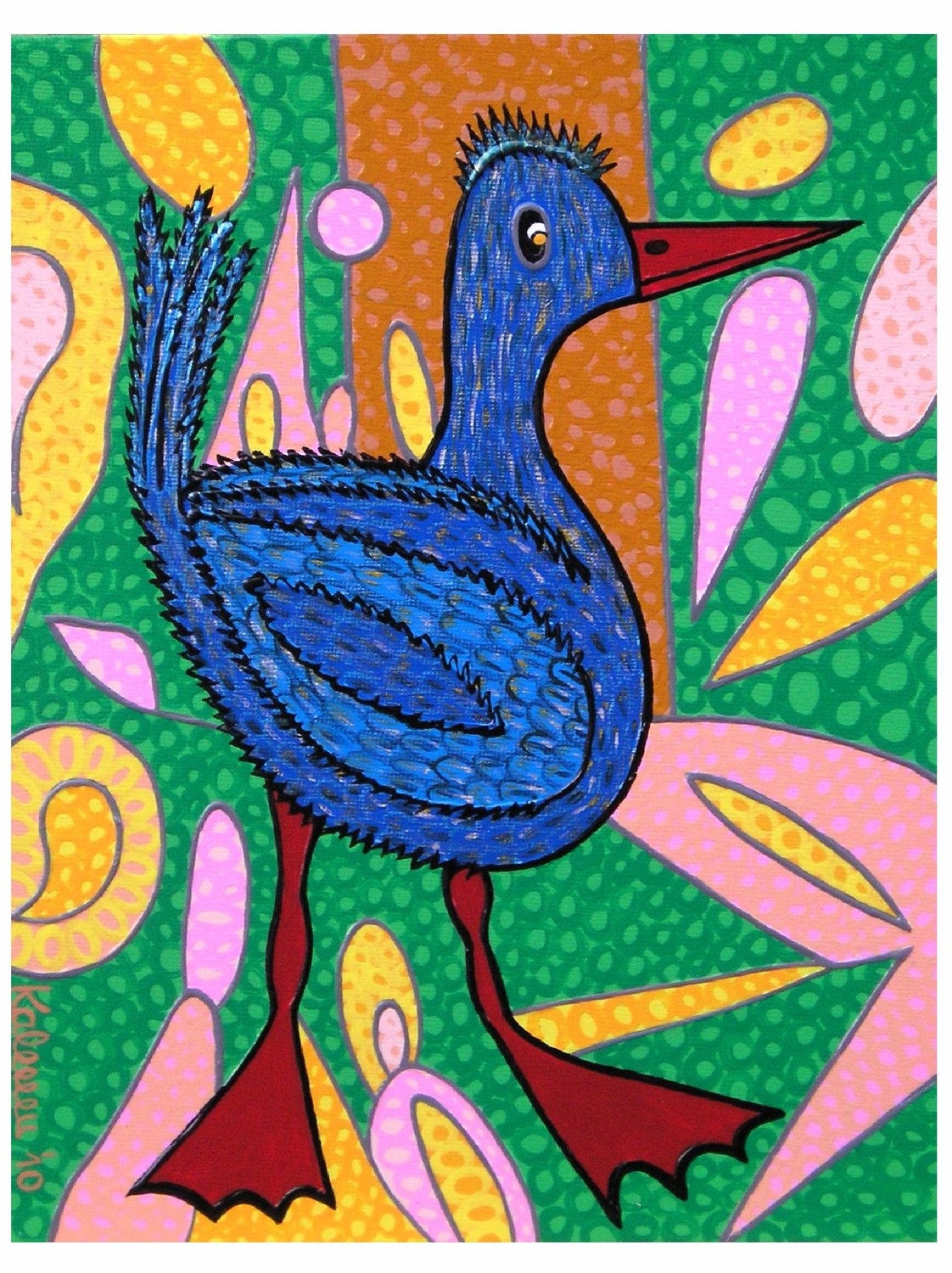 Blue Duck... original painting, 9.1x11.8", 23 x 30 cm, acrylic, cardboard, duck, bird, animal, abstract, fantasy