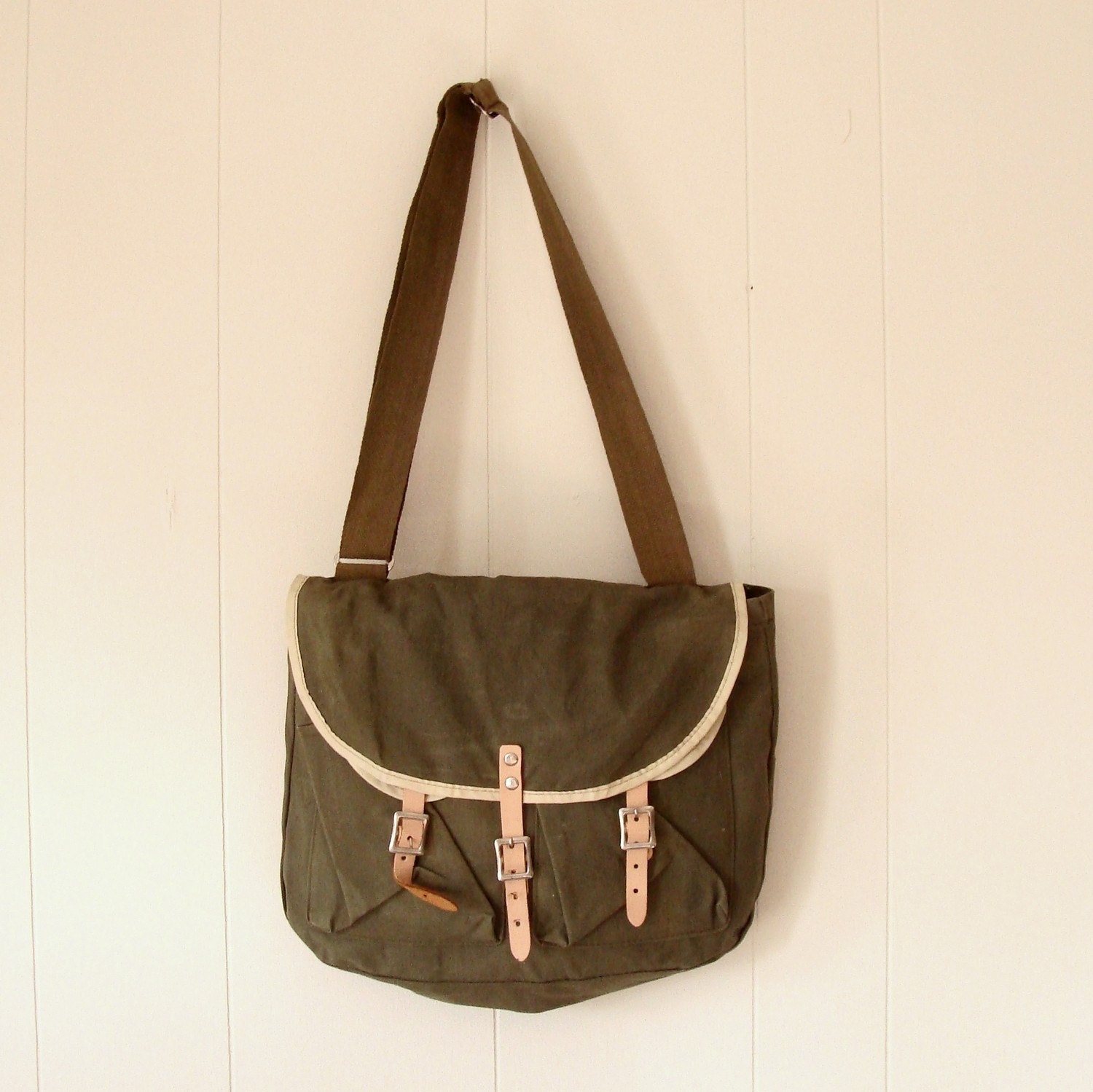 Vtg Army Green Messager Bag. leather straps. military.