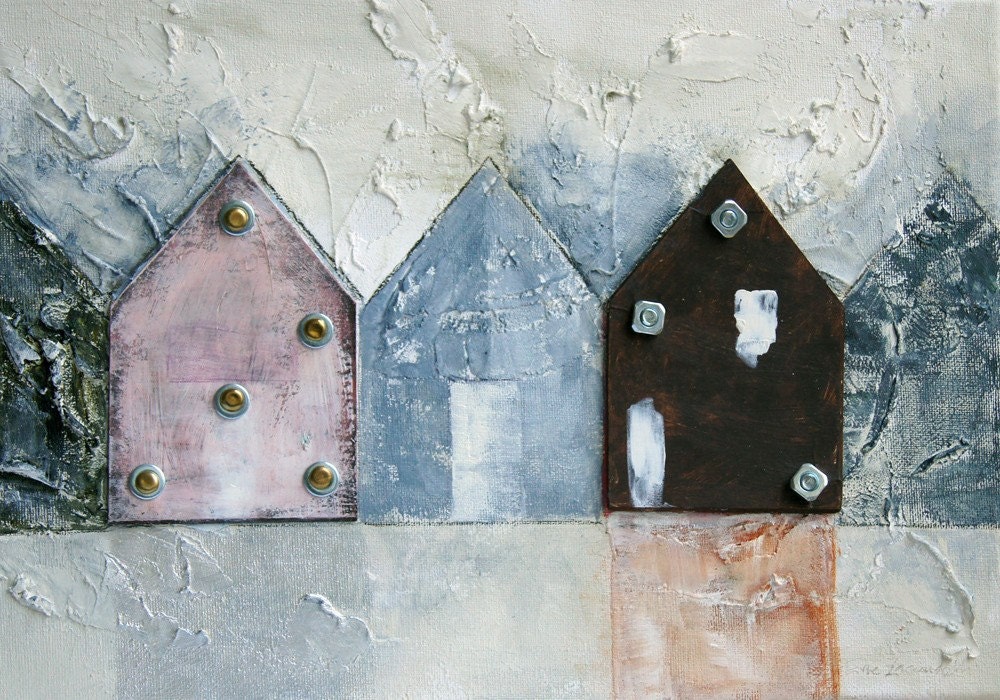Modern Textured Painting BEACH HUTS mixed media seaside pastel colors