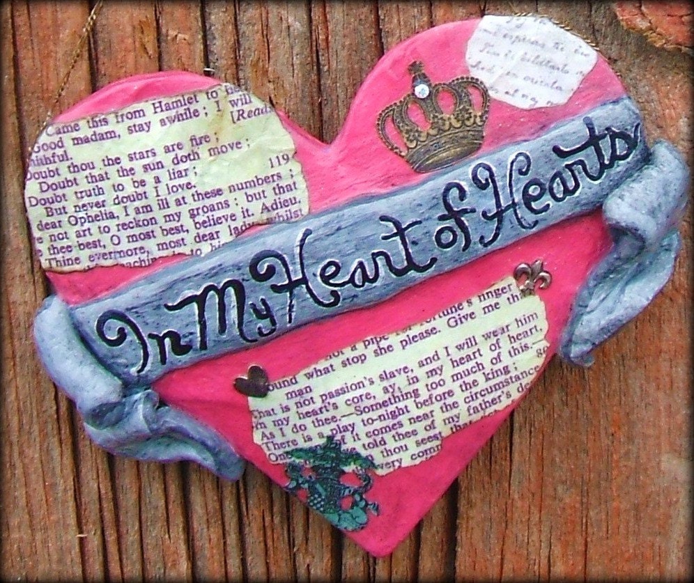 Hamlet Paper Mache Heart, Art, Pink, Decoupage, Upcycled, In My Heart of Hearts