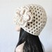 DIVA HAT - Timeless Hand Crocheted Romantic Hat with Ruffled Flower in Winter White.