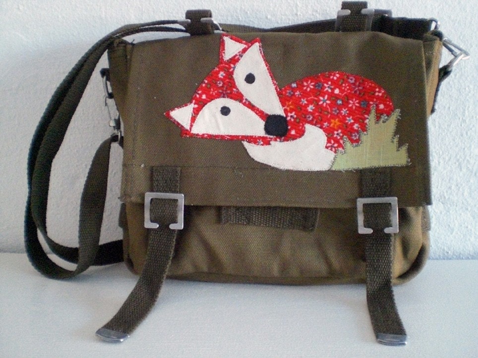 Lunch bag " Mr. Fox", Lunch box, Kindergarten bag, purse for kids, upcycled german army bag with 70s vintage fabric applique