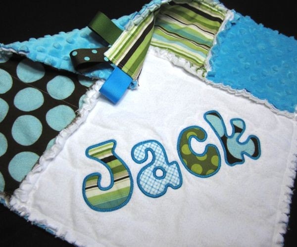 Personalized Baby Blanket - Turquoise, Green, and White Boy Rag Lovie embroidered with your child's name for free, appliqued with 6 letters