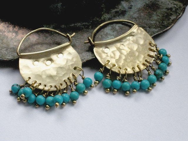 Gold plated crescent silver hoops and turquoise beads - handcrafted 24k gold plated sterling silver jewelry