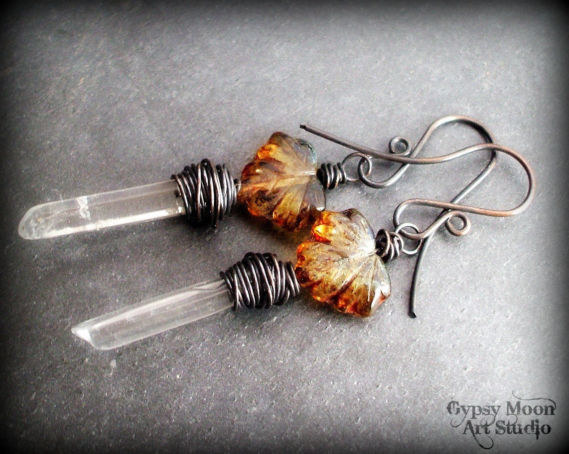 Forest Dreams.  Amber Leaf and Quartz Crystal Point Earrings.