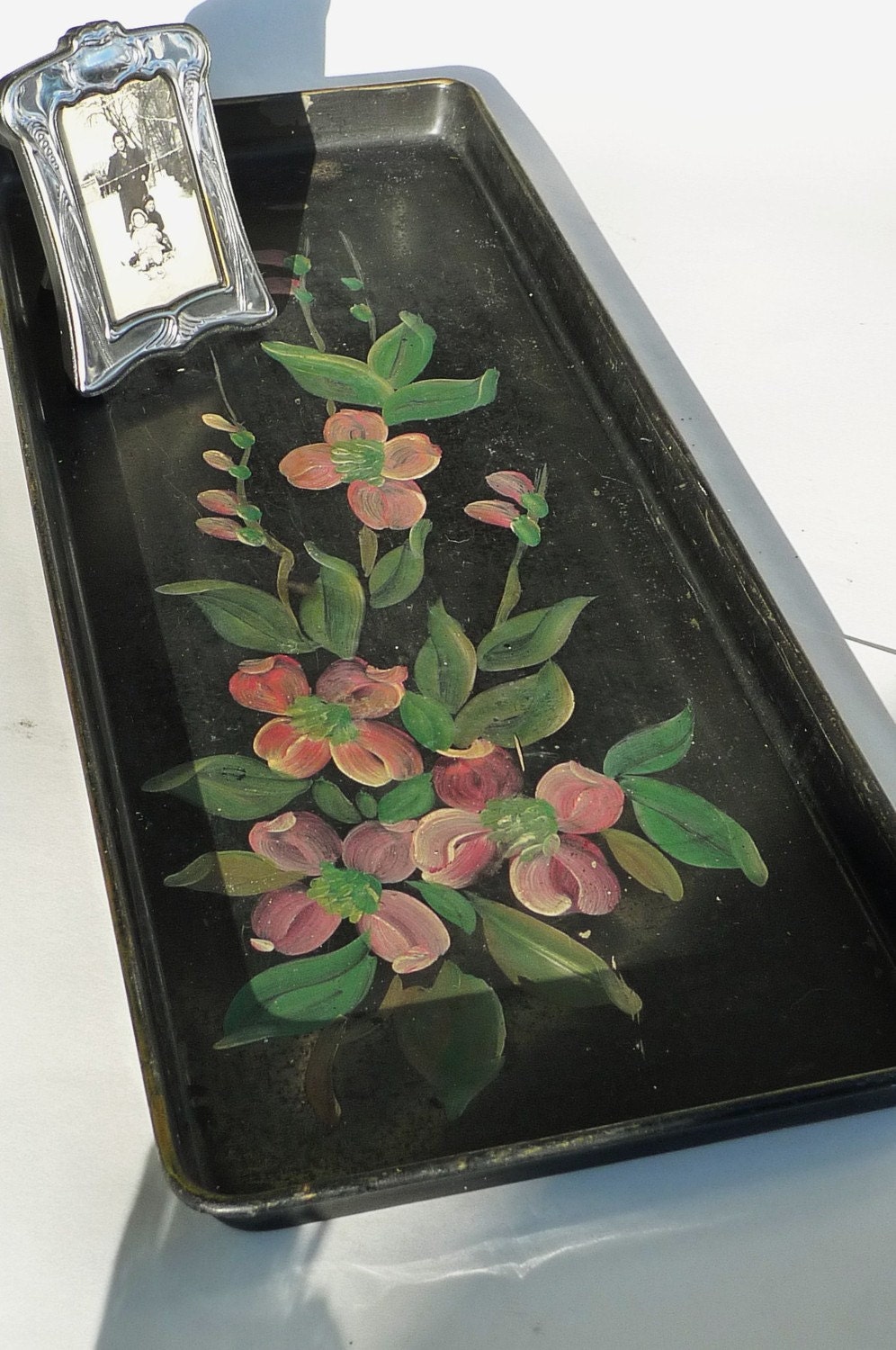 floral metal tray black enamel pink dogwood flowers