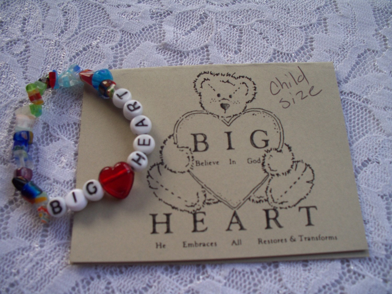 BIG HEART Inspirational bracelet Believe In God He Embraces All Restores, Transforms