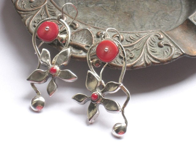 Silver and coral earrings, sterling silver with red coral beads