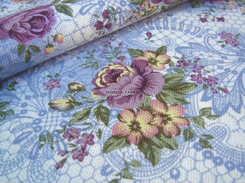 Vintage Look - Print Lace with Pretty Rose Flower Dark Purple in Cornflower Blue -- EK-QS38210A