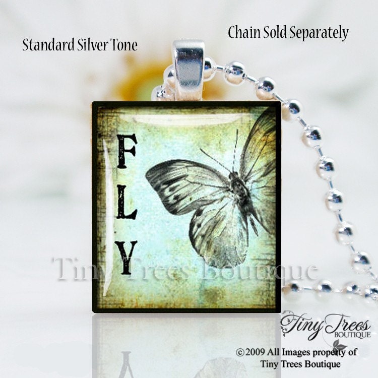 SALE -  Recycled Scrabble Tile Resin Pendant - Vintage Butterfly- Fly