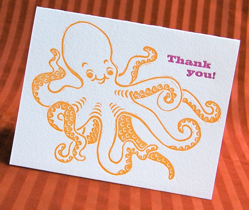 6 Thank You Octopus Letterpress Linocut Cards
