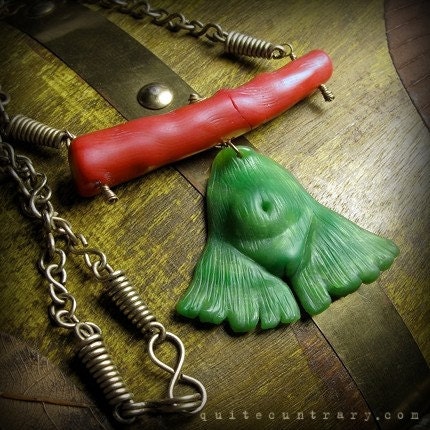 Ginkgo Goddess Necklace . Jade and Coral . Hand Sculpted ooak