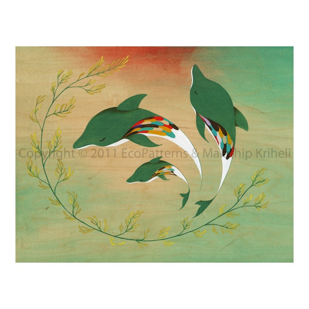 We Swim In Threes art print featuring dolphins