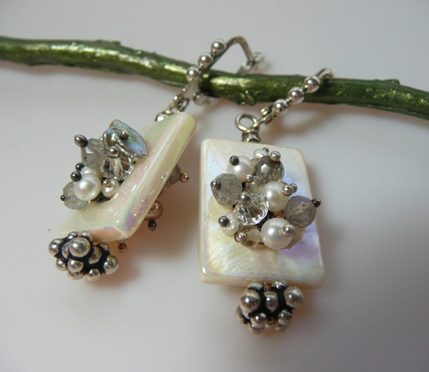 White Mother of Pearl, Keishi, Labradorite, Blue Flash, Marcasite Earrings