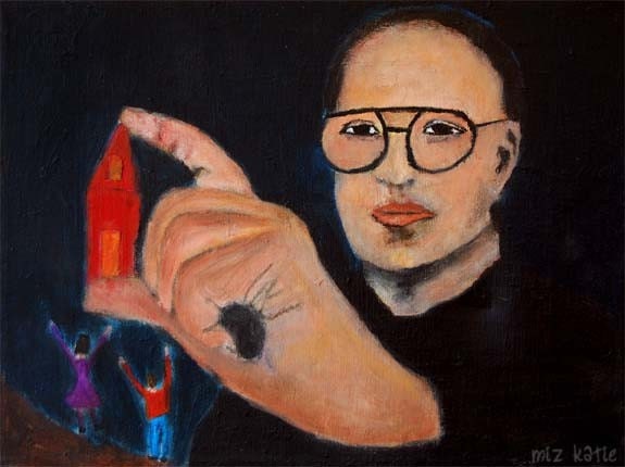 City banker steals house - Stop Thief original 9x12 painting