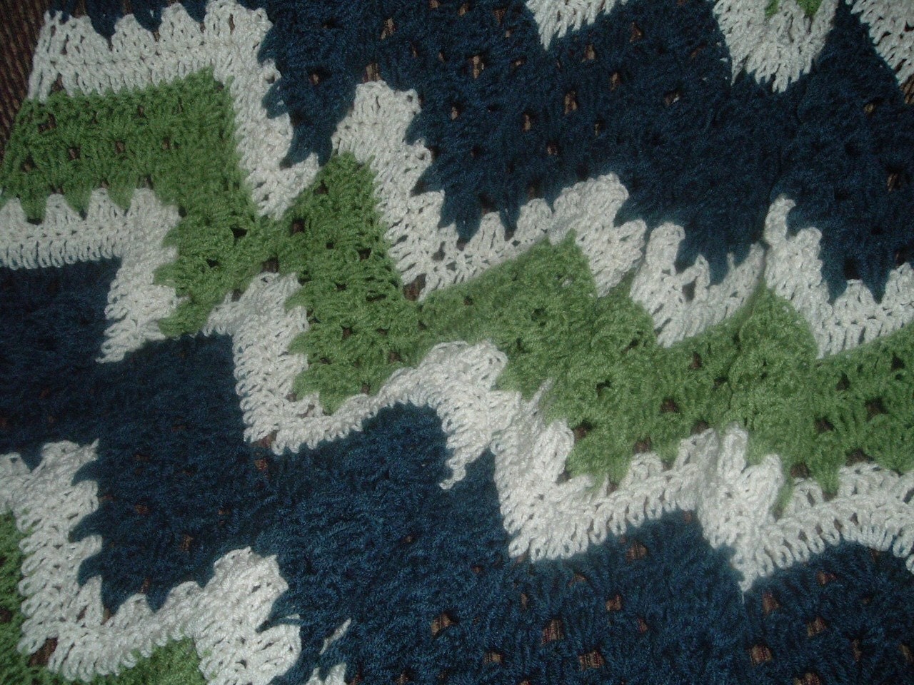 HAND CROCHETED DECORATIVE THROW LACY RIPPLES IN WINDSOR BLUE, TEA LEAF GREEN AND CREAM