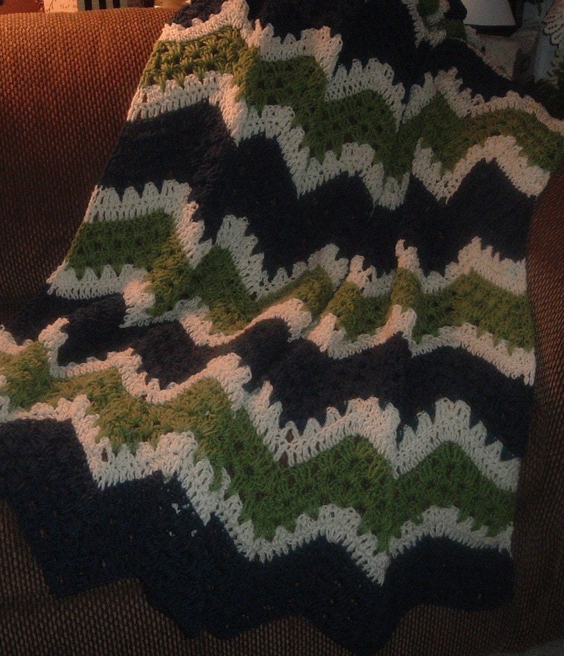 HAND CROCHETED DECORATIVE THROW LACY RIPPLES IN WINDSOR BLUE, TEA LEAF GREEN AND CREAM