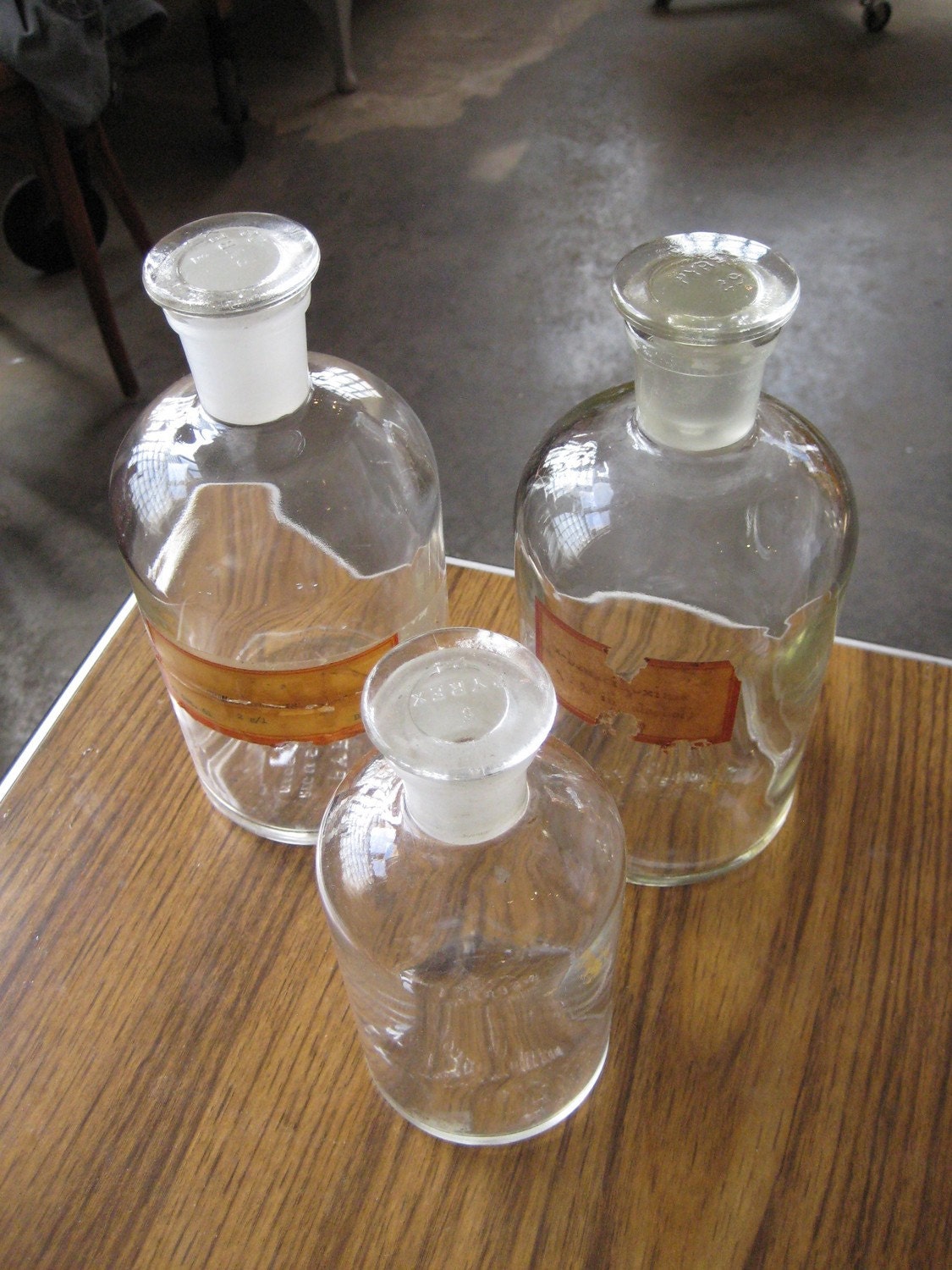 Pyrex Chemistry laboratory bottles, jars with ground glass stoppers