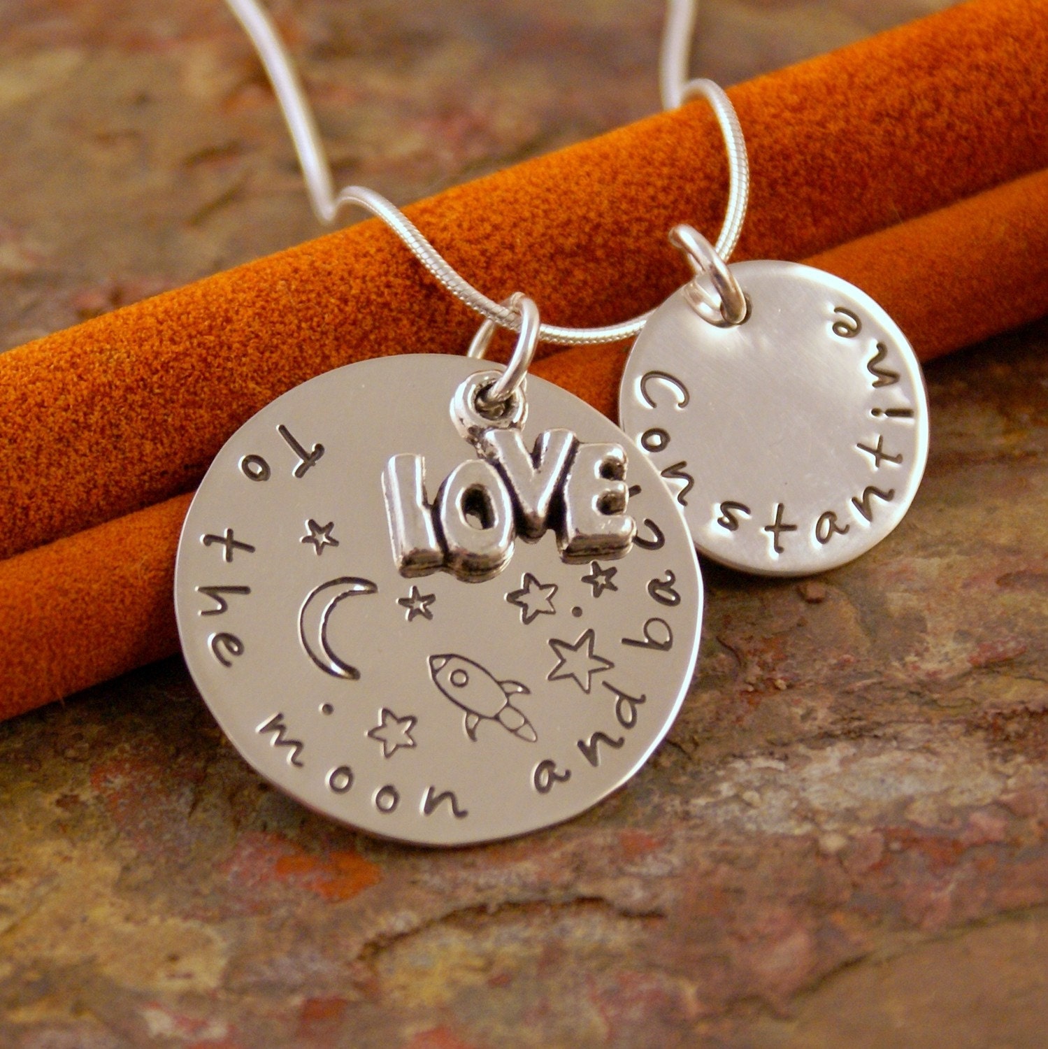 Hand Stamped Mommy Necklace - Sterling Silver Personalized Jewelry - To the moon and back