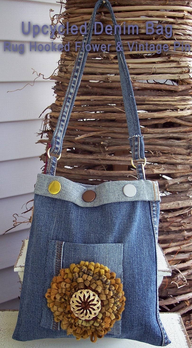 Upcycled Denim Bag, Recycled Jeans with Rug Hooked Flower