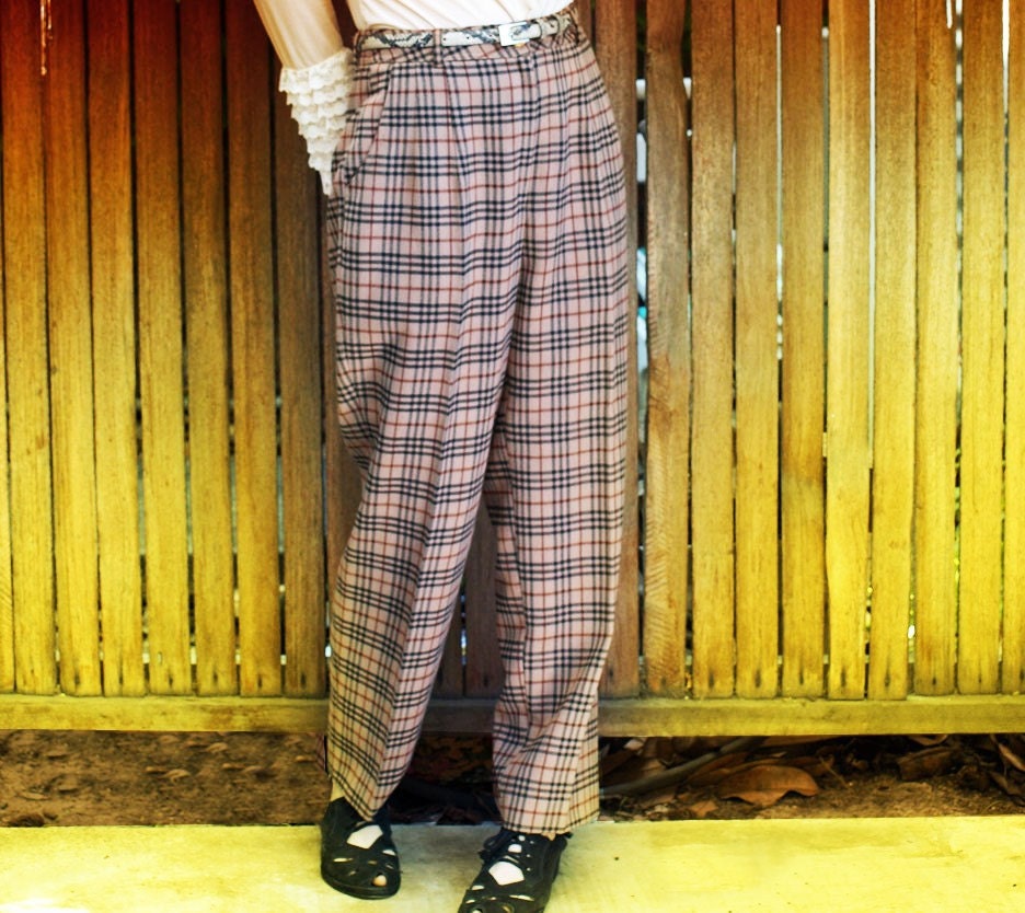 Vintage 80s High Waist Pleat Pants, Burberry Plaid