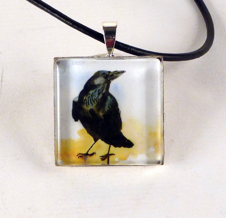 Raven Art Watercolor Glass Pendant Holidays Women Teen Kids Necklace Jewelry Crow Bird Priced Under 15 USD