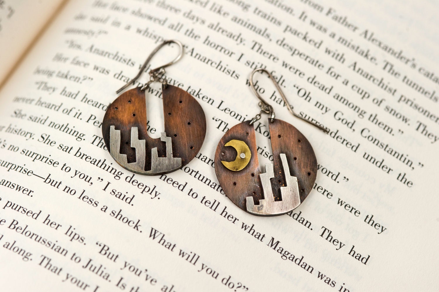 Cityscape Earrings - Hand cut Silver, Brass, and Copper