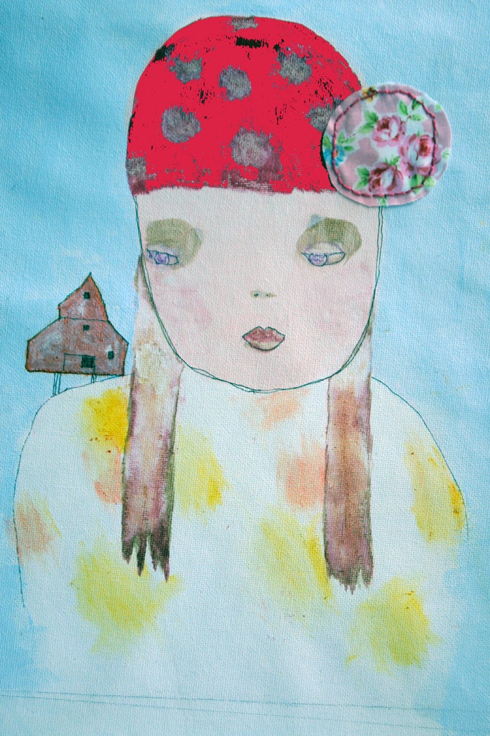 Naive Original Art I'M COMING HOME modern painting folk art girl house outsider art