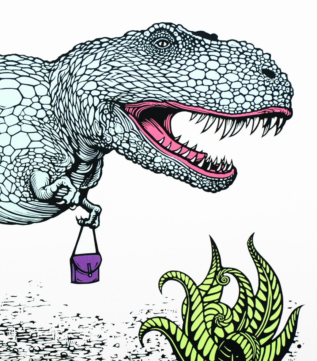 T-Rex dinosaur with a handbag linocut print