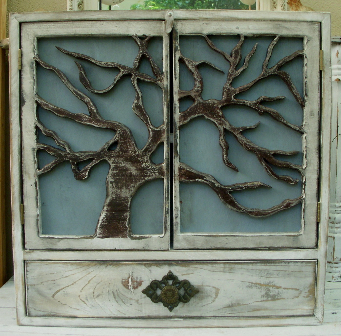 Oak Tree Cabinet Shelf, Handmade, shabby chic cottage, french country