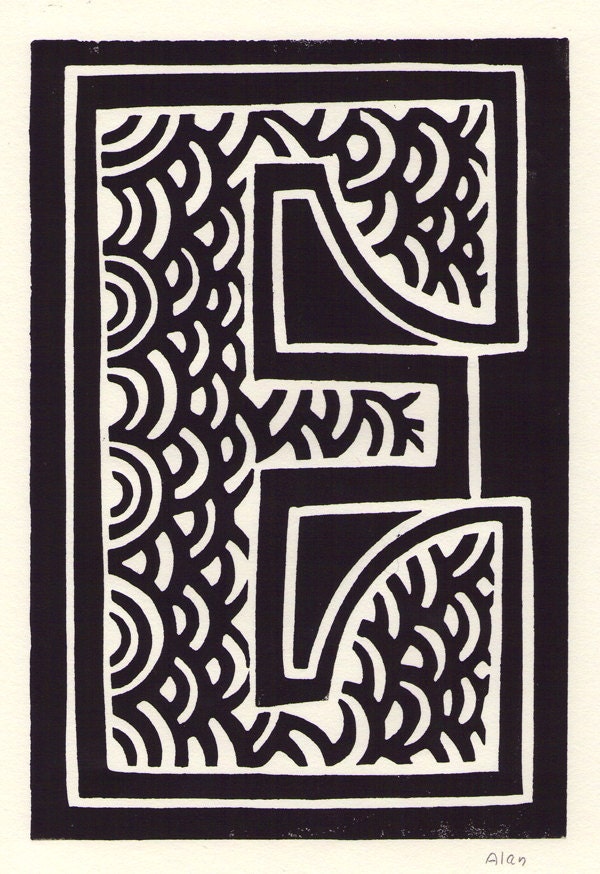 E is for the letter E. Linocut