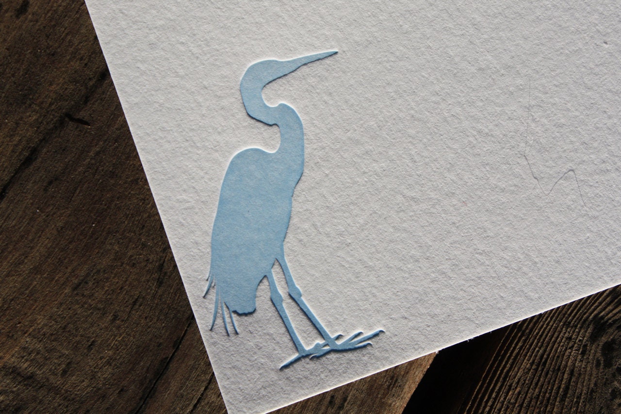 Letterpress Great Blue Heron bird cards, set of six, flat cards and envelopes