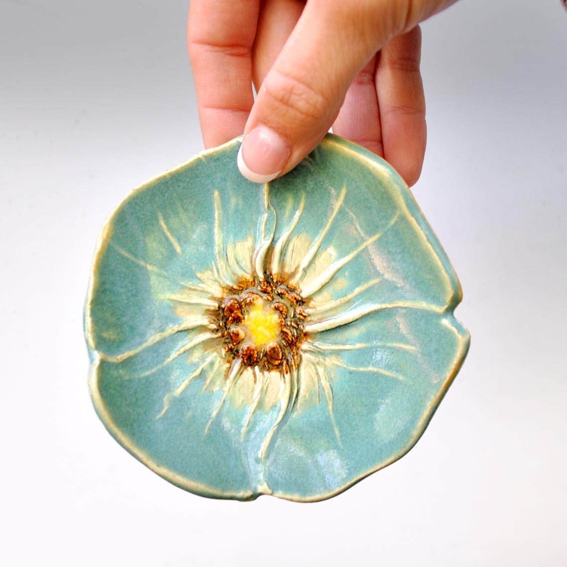 ceramic Poppy plate spoon rest tea bag holder handmade stoneware Robins Egg Blue Turquoise