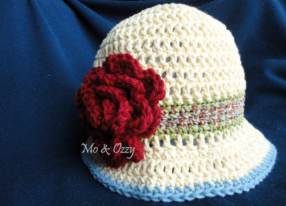 Free Shipping - Cotton Crochet Hat For Women - Buttercream and Burgandy Rose Cloche