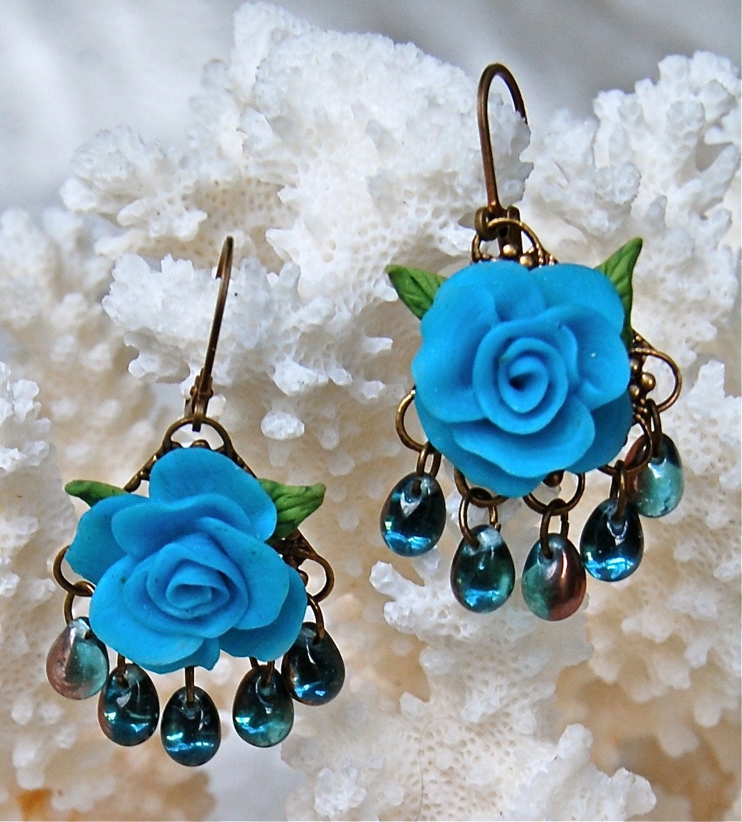Lilygrace Aqua Rose Earrings, with Coppery Glass Beads