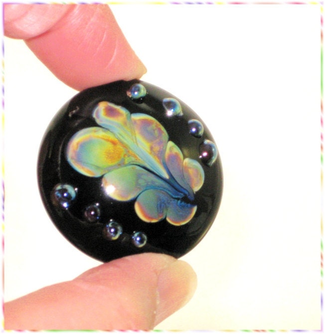 Handmade Glass Lampwork Bead in Black and Raku - Focal Art Bead - Large Lentil - SRA - Fleur2 $7.99