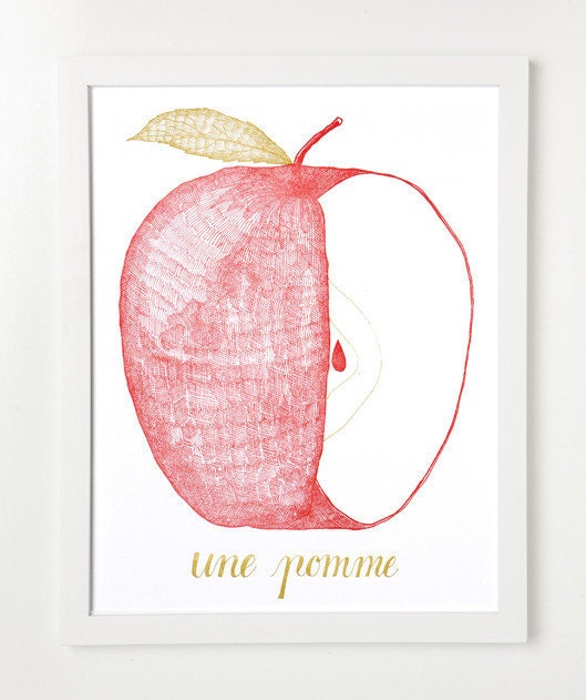 Letterpress French Apple Print. Une Pomme.