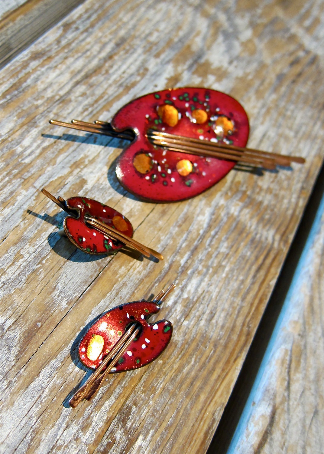 Matisse Enamel Copper Brooch Earrings Set Vintage 1950s Artists Palette & Brushes Colorful Classic free gift box