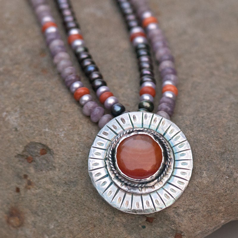 Summer Sunset Necklace - Purple and Orange beaded necklace with hand-crafted sterling pendant set with a bright fire agate.