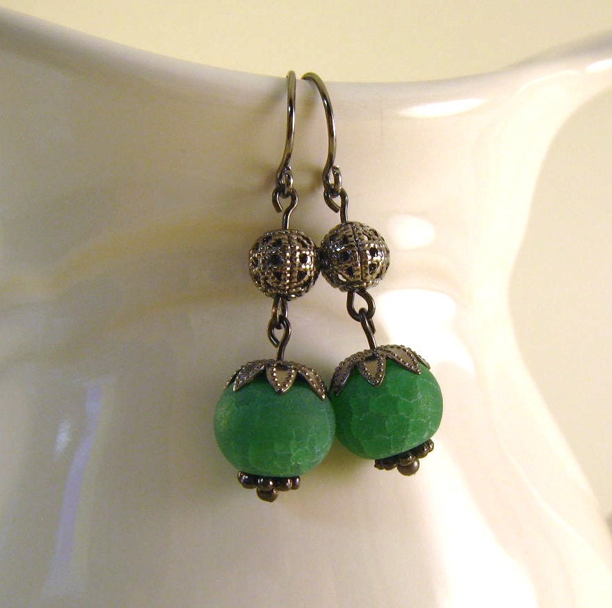 Green Glass Earrings Round Mat Green Crackle Glass Gunmetal  Filigree Bead Caps and Beads Gunmetal Beaded Wire Drop Handmade