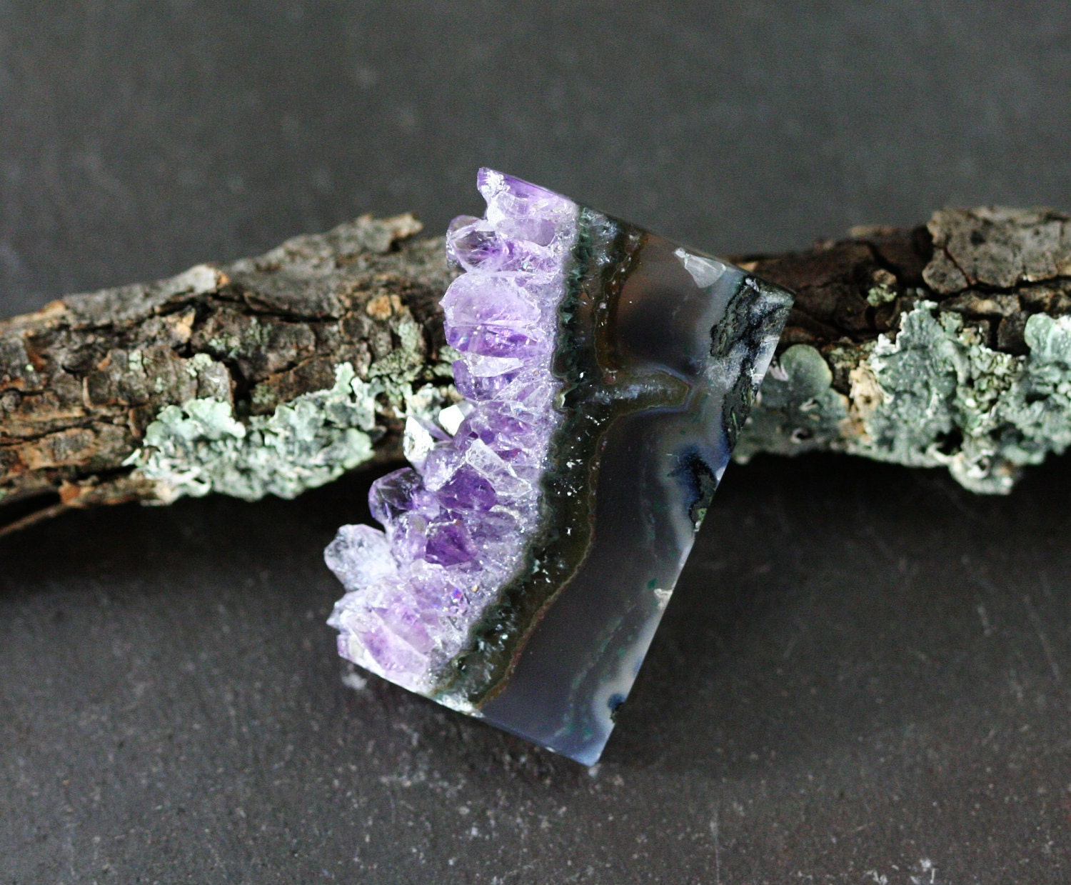 Amethyst Stalactite Slice Druzy Cabochon Rectangle Gemstone, Smoky Gray, Green Inv. 323