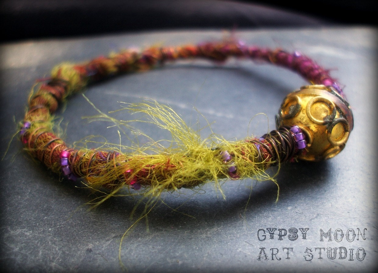 Recycled Sari Wire Wrapped Gypsy Bangle Bracelet